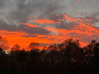 A violently orange sunset rewards the ardent chore master. This is taken from the big pasture on our farm. I suspect the orange is part of the wildfires in the West making it all the way here.